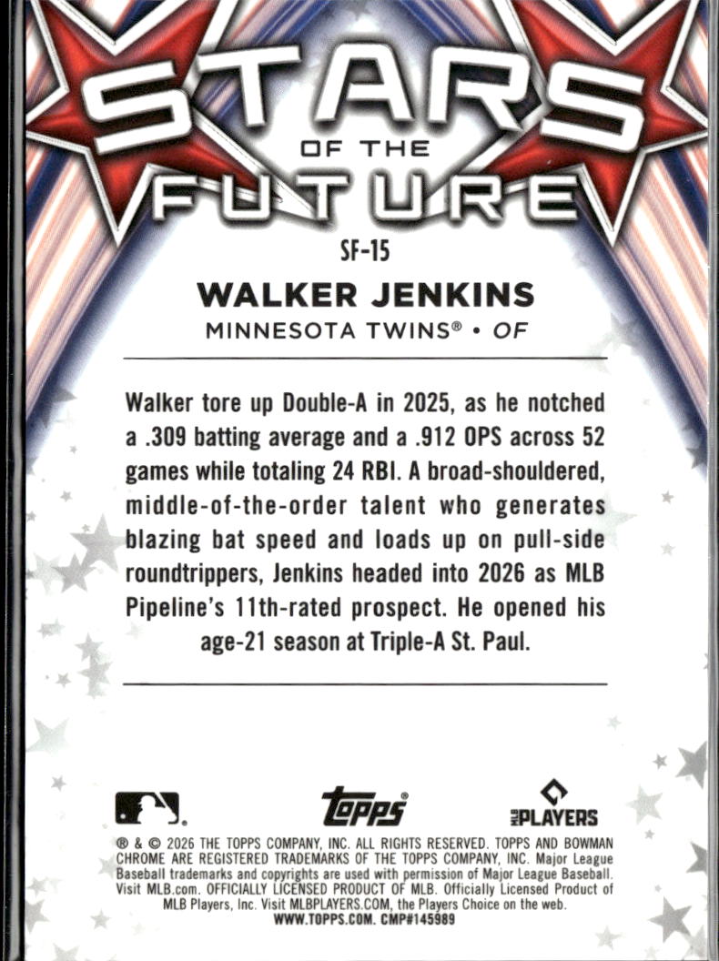 Walker Jenkins 2026 Bowman Chrome Stars of the Future GOLD 10/50 Twins