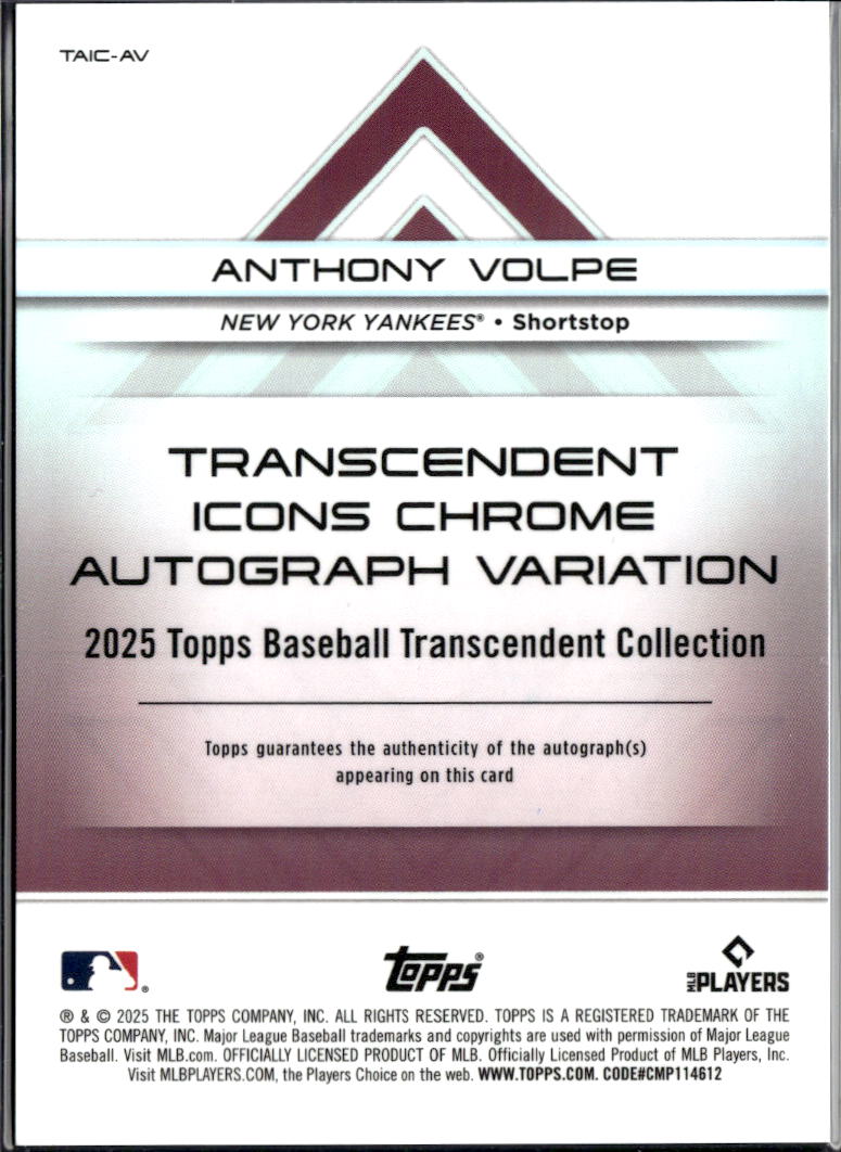 Anthony Volpe 2025 Topps Transcendent Auto Autograph 5/25 New York Yankees