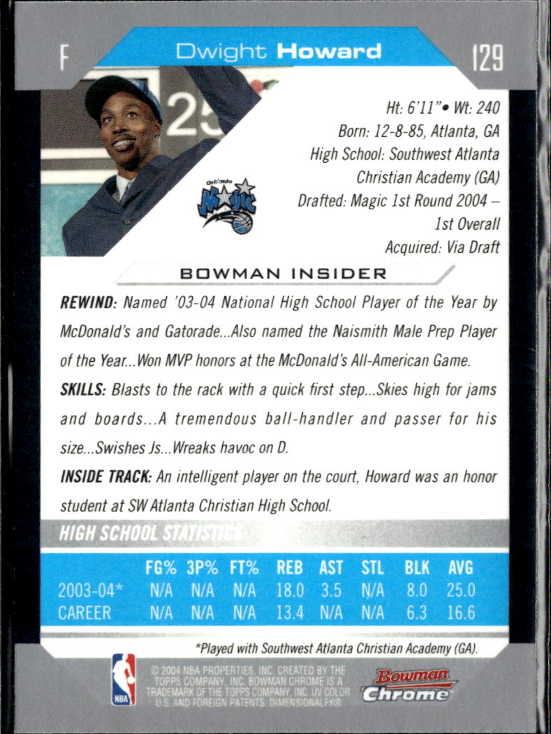 Dwight Howard 2004 Bowman Chrome Rookie RC #129 Orlando Magic