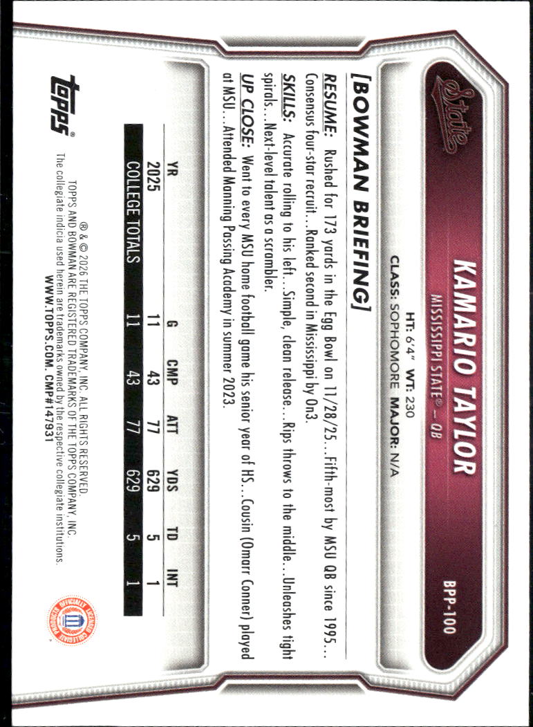 Kamario Taylor 2026 Bowman 1st Rookie RC Mississippi State Bulldogs