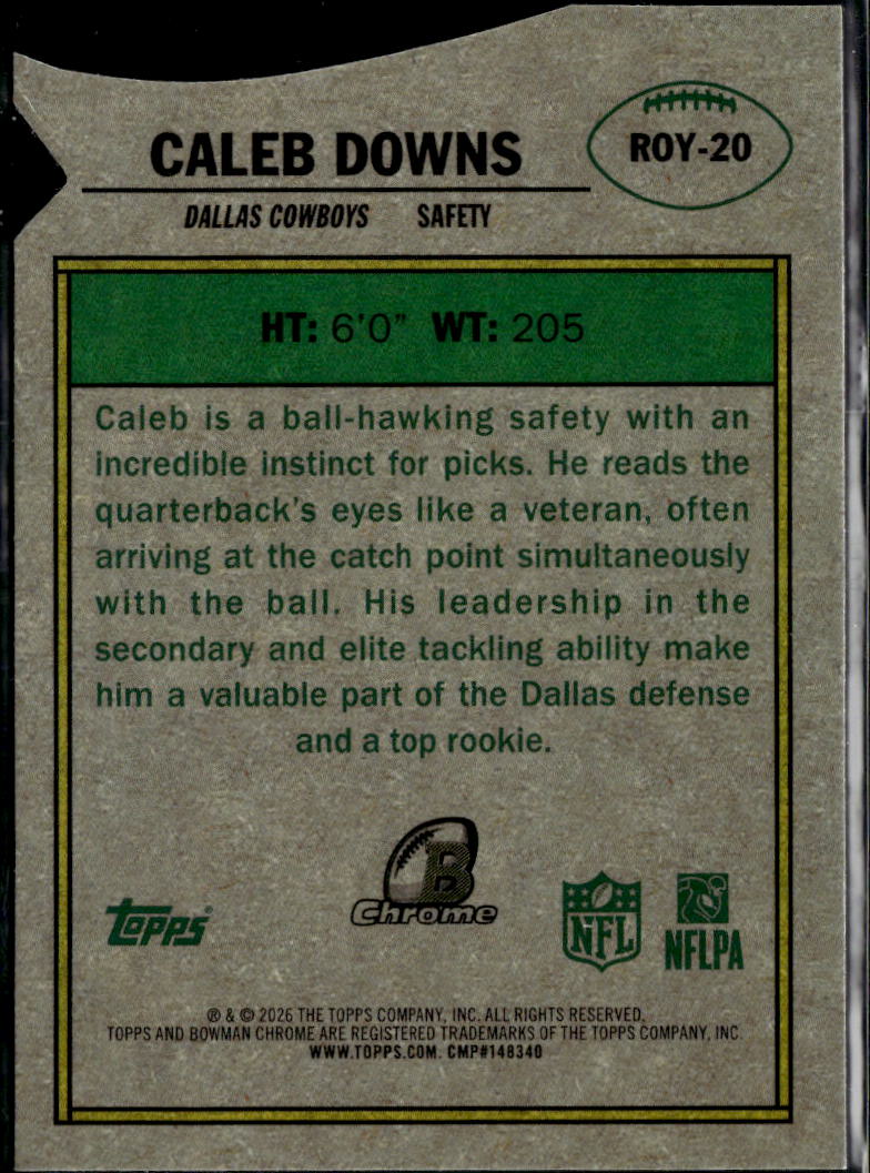 Caleb Downs 2026 Bowman Chrome Rookie of the Year Favorites RC Dallas Cowboys