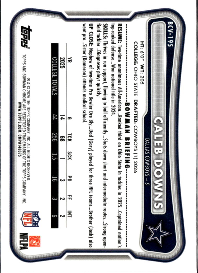Caleb Downs 2026 Bowman Chrome Rookie RC Dallas Cowboys