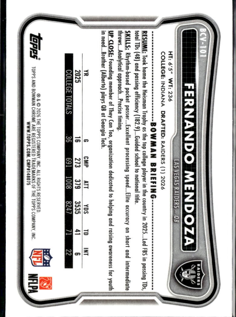 Fernando Mendoza 2026 Bowman Chrome Rookie RC Las Vegas Raiders