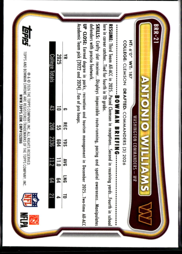 Antonio Williams 2026 Bowman Chrome RED Rookie RC Washington Commanders