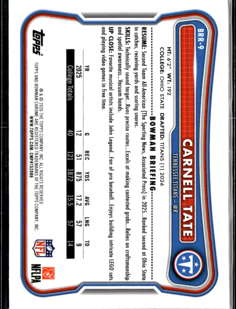 Carnell Tate 2026 Bowman Chrome RED Rookie RC Tennessee Titans