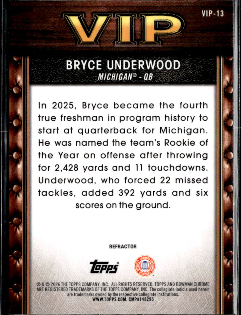 Bryce Underwood 2026 Bowman Chrome VIP Refractor Michigan Wolverines