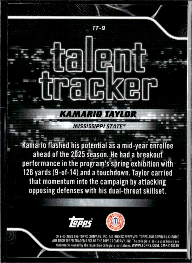 Kamario Taylor 2026 Bowman Chrome Talent Tracker Mississippi State Bulldogs