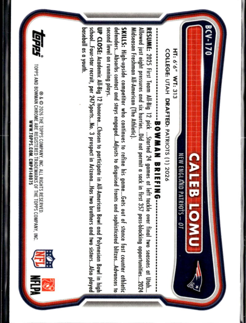 Caleb Lomu 2026 Bowman Chrome Speckle Refractor RC New England Patriots
