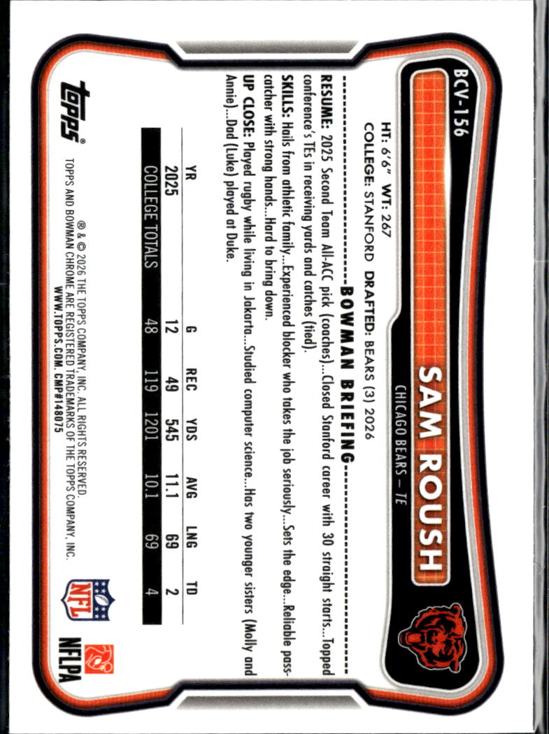 Sam Roush 2026 Bowman Chrome Speckle Refractor RC Chicago Bears