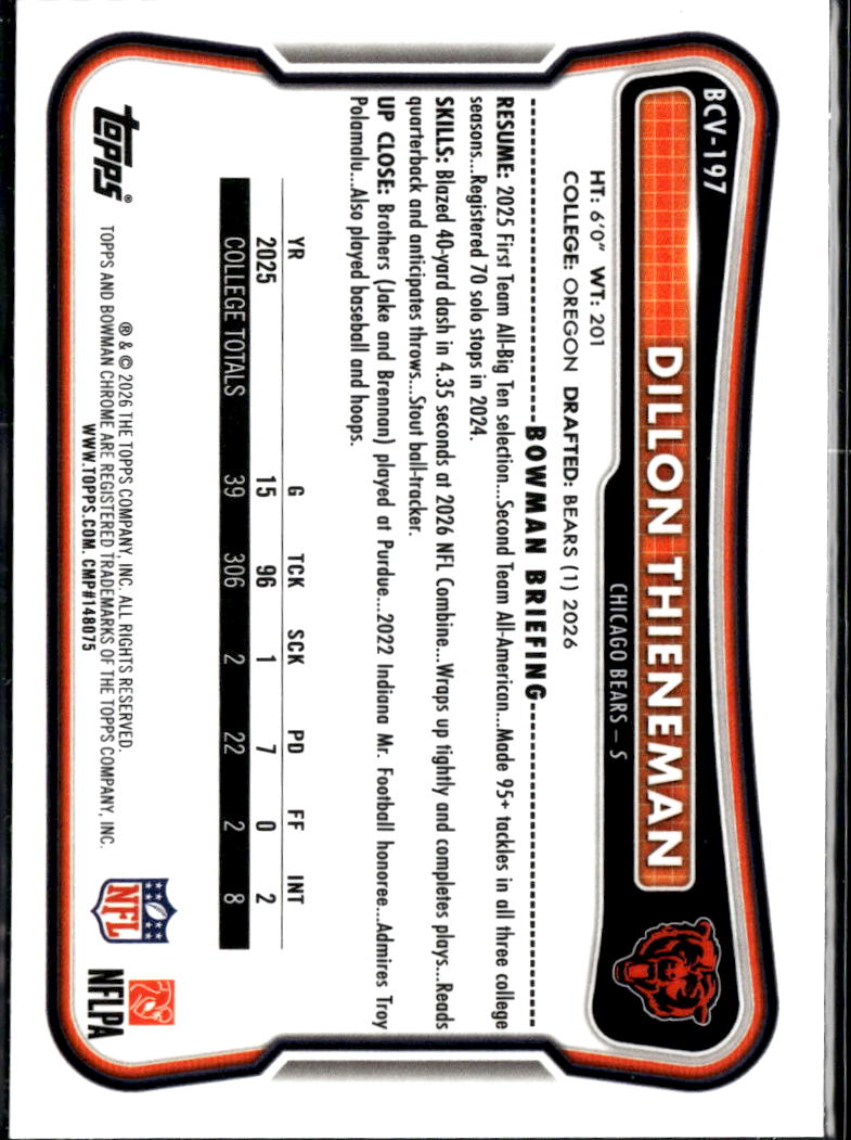 Dillon Thieneman 2026 Bowman Chrome Speckle Refractor RC Chicago Bears