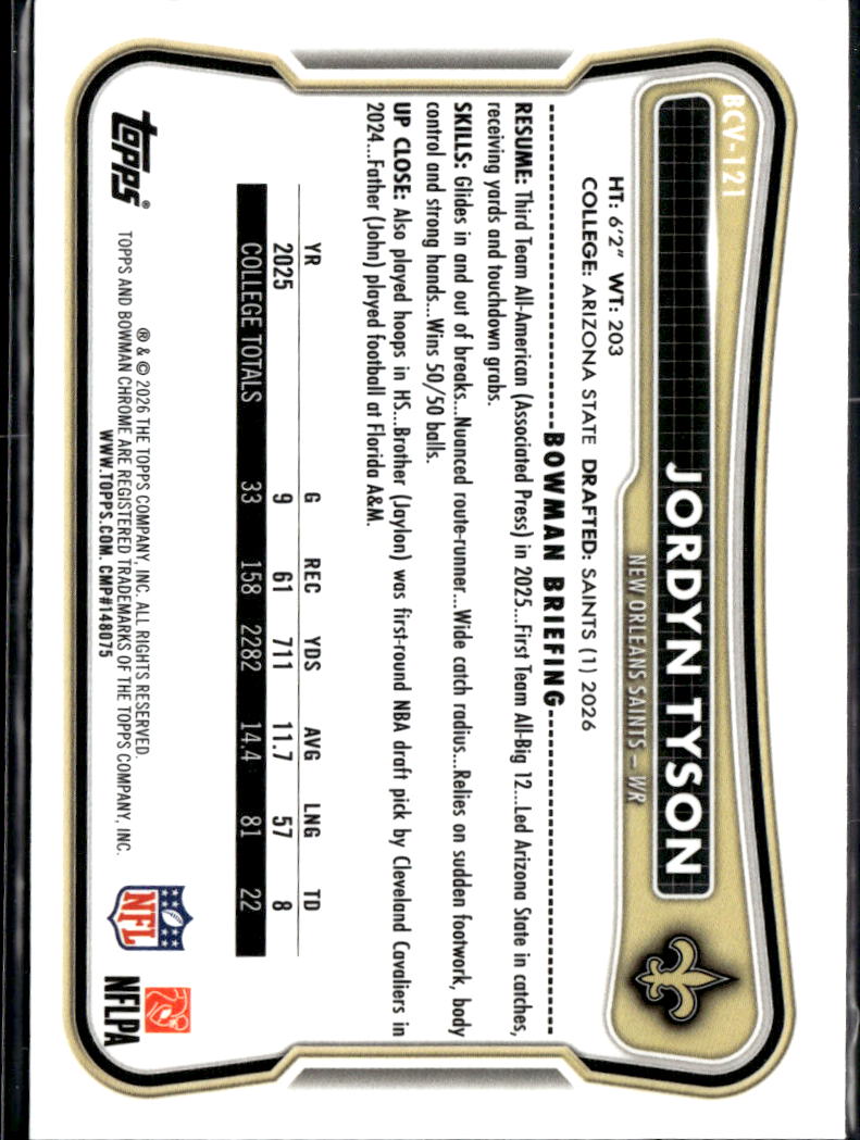Jordyn Tyson 2026 Bowman Chrome RC Speckle Refractor New Orleans Saints