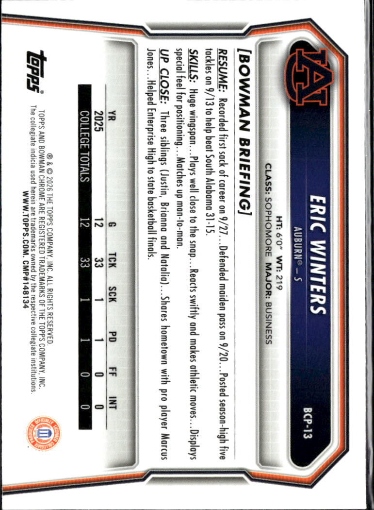 Eric Winters 2026 Bowman Chrome University Speckle Refractor Auburn Tigers