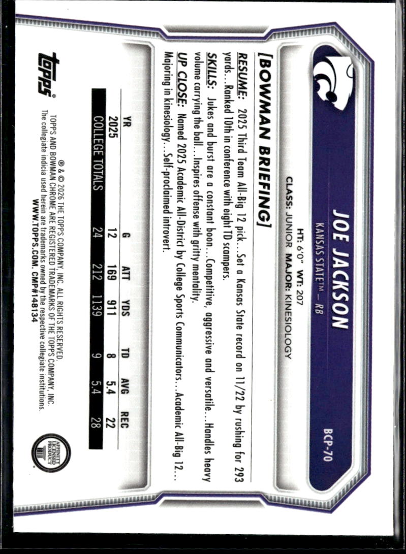 Joe Jackson 2026 Bowman Chrome 1st Speckle Refractor Kansas State Wildcats