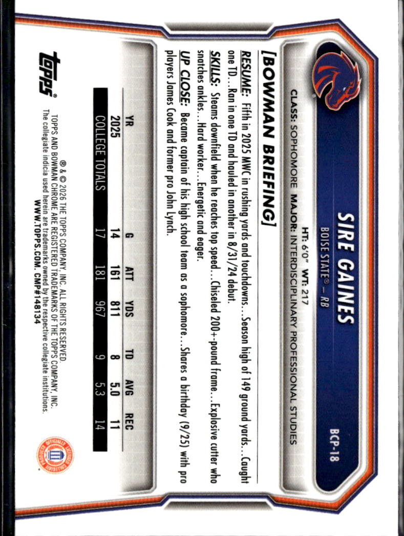 Sire Gaines 2026 Bowman Chrome 1sy Speckle Refractor Boise State Broncos