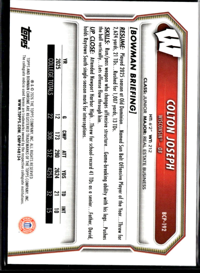 Colton Joseph 2026 Bowman Chrome 1st Speckle Refractor Wisconsin Badgers