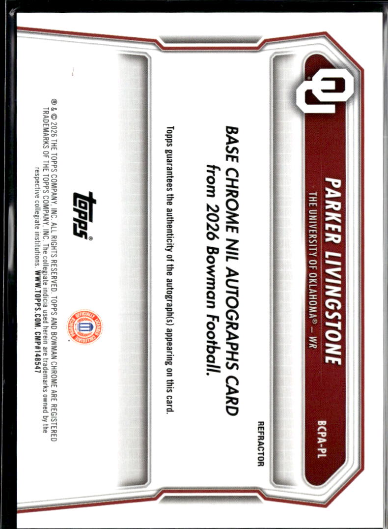 Parker Livingstone 2026 Bowman Chrome 1st Auto Autograph 82/499 Oklahoma Sooners