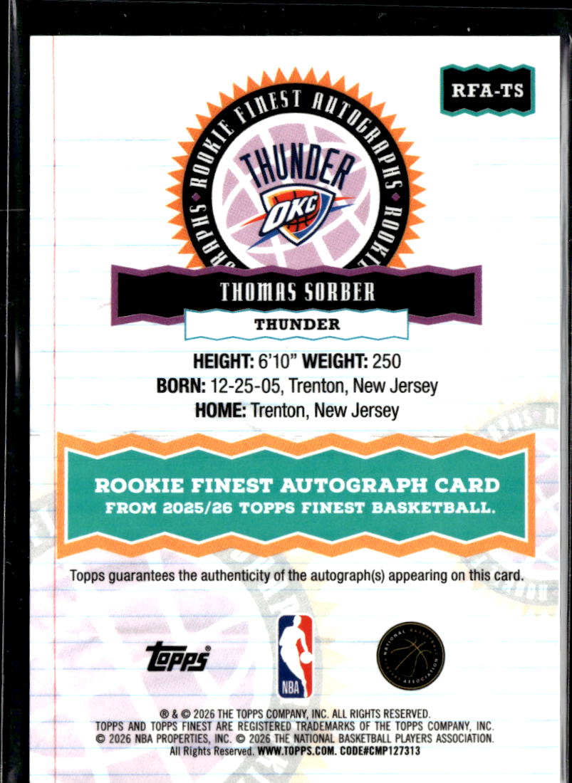 Thomas Sorber 2026 Topps Finest Auto Autograph RC Oklahoma City Thunder