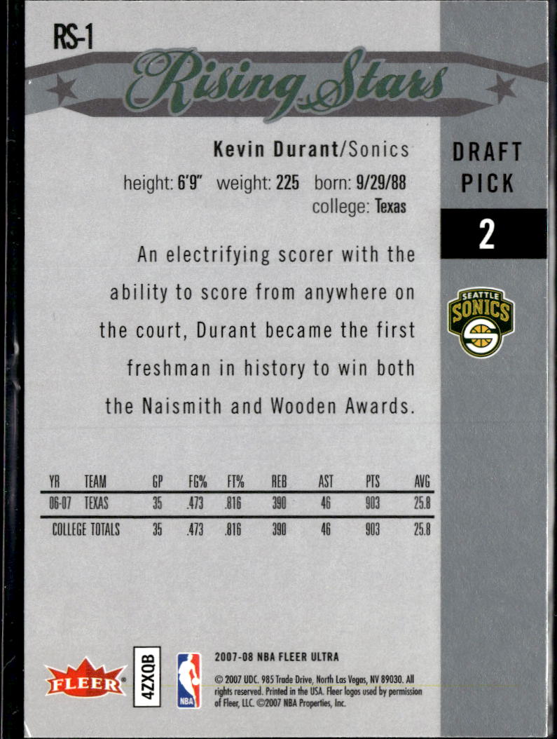 Kevin Durant 2007-08 Fleer Ultra Rising Stars Rookie RC Longhorns SuperSonics