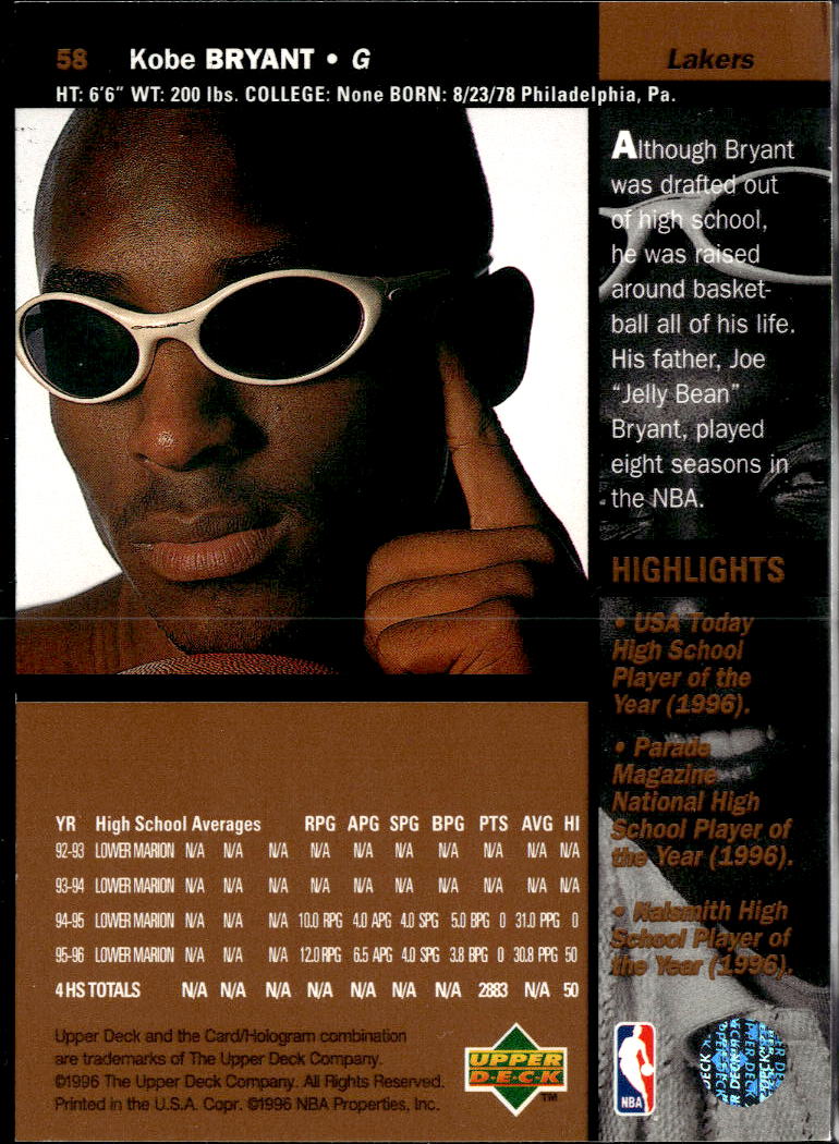 Kobe Bryant 1996-97 Upper Deck Rookie RC #58 Los Angeles Lakers