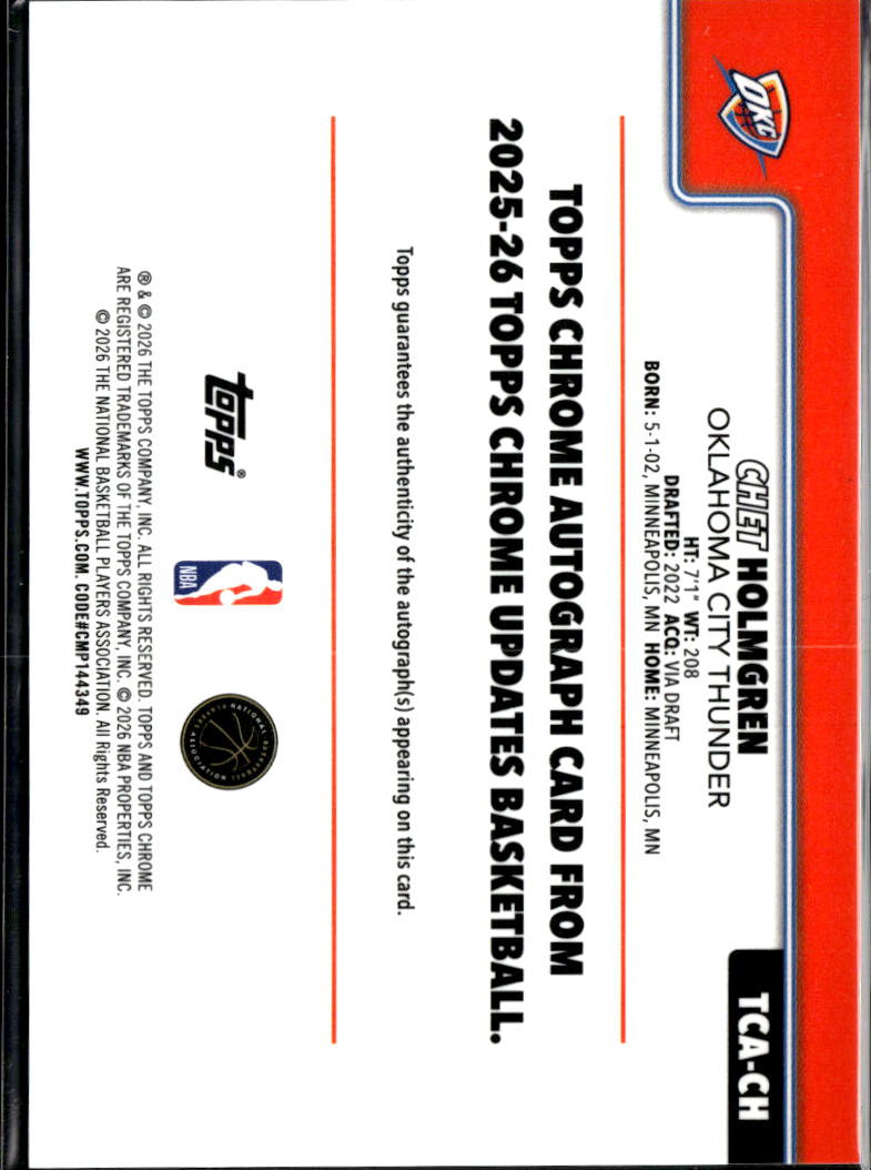 Chet Holmgren 2026 Topps Chrome Update Auto Autograph Oklahoma City Thunder