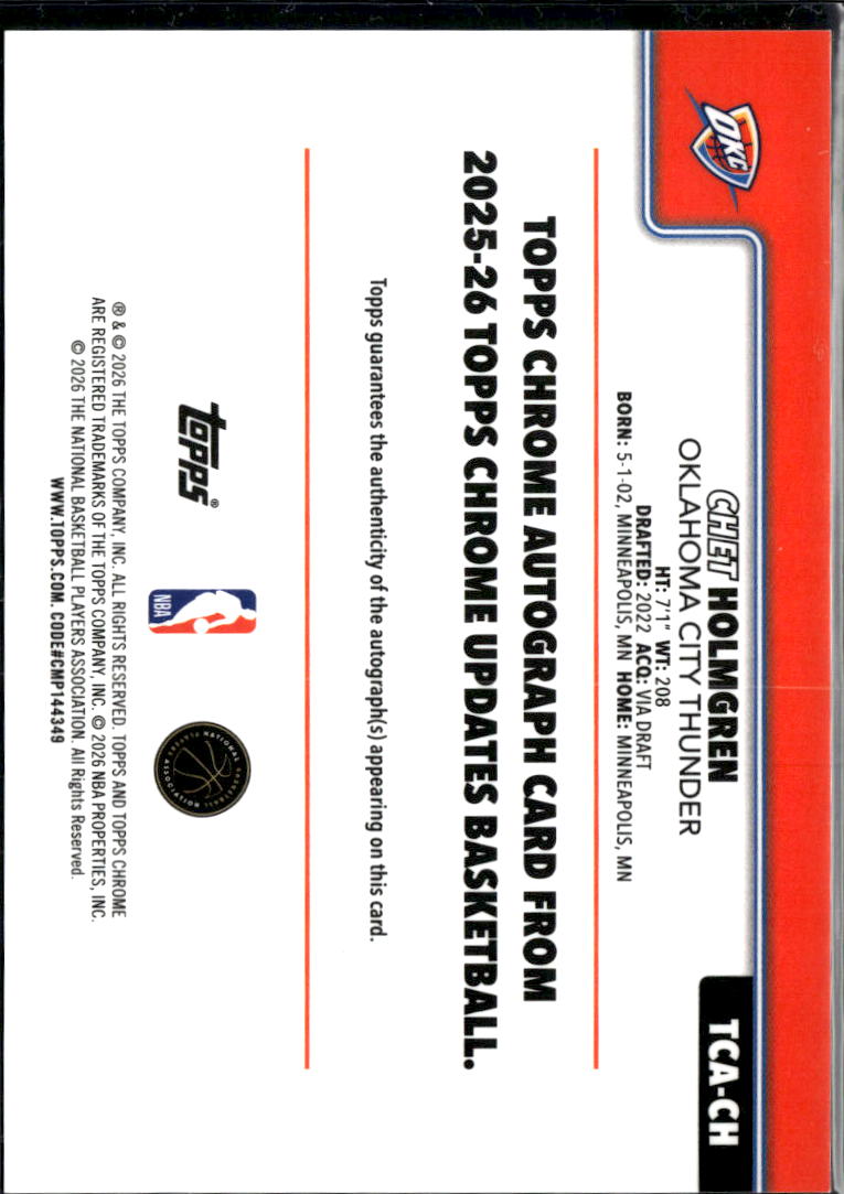 Chet Holmgren 2026 Topps Chrome Update Auto Autograph Oklahoma City Thunder