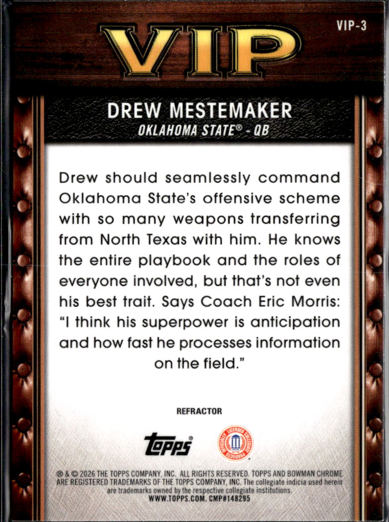 Drew Mestemaker 2026 Bowman Chrome VIP Refractor Oklahoma State Cowboys