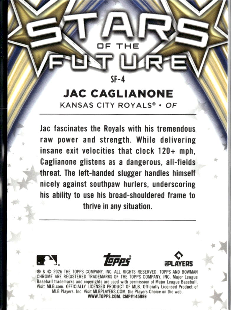 Jac Caglianone 2026 Bowman Chrome Stars of the Future RC 15/150 KC Royals