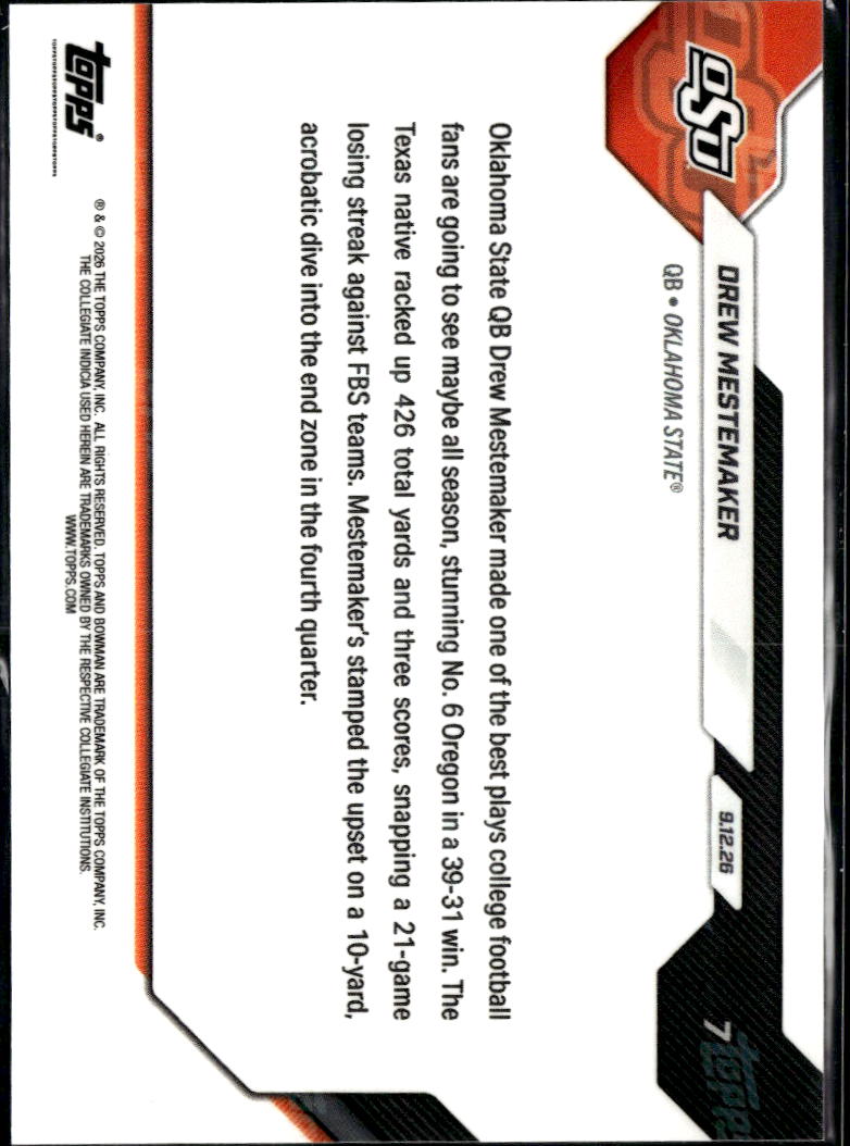 Drew Mestemaker 2026 Bowman Now Rookie RC #7 Oklahoma State Cowboys