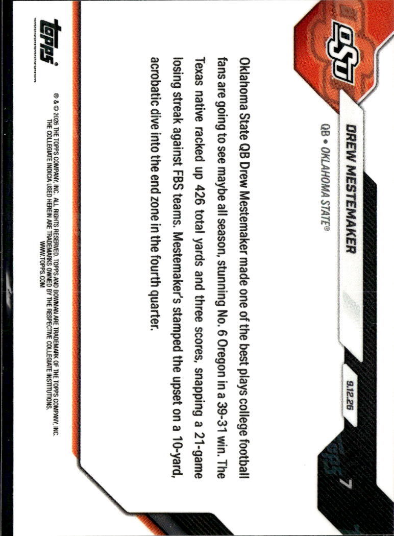 Drew Mestemaker 2026 Bowman Now Rookie RC #7 Oklahoma State Cowboys