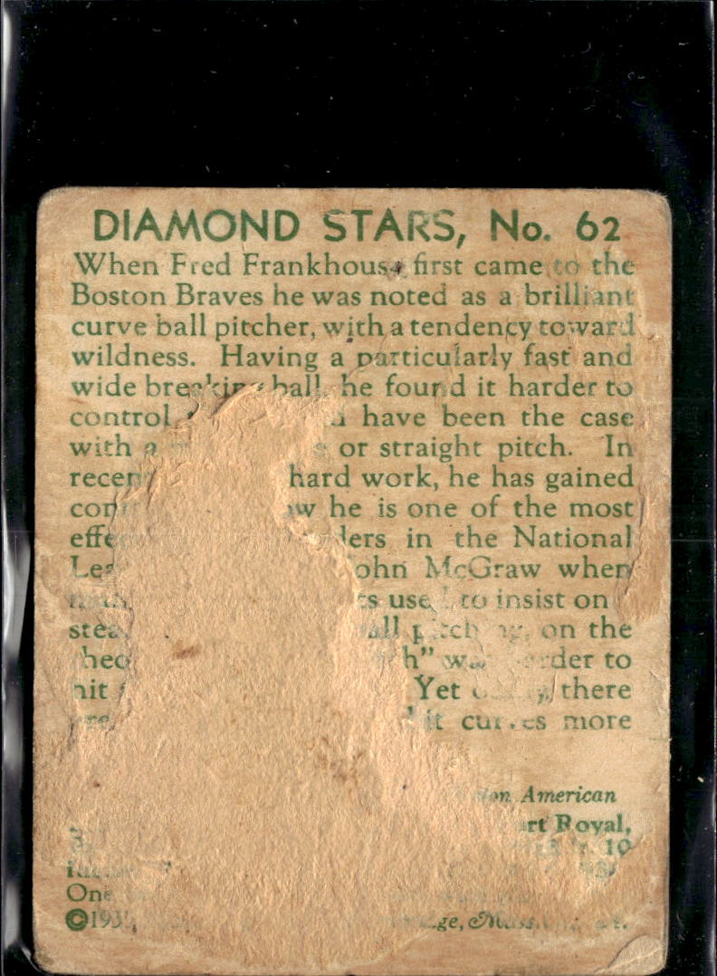 Fred Frankhouse 1934 National Chicle Diamond Stars Boston Braves