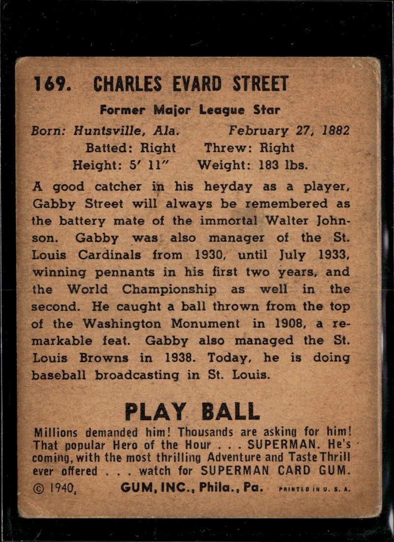 Gabby Street Charles Evard Street 1940 Gum, Inc. Play Ball
