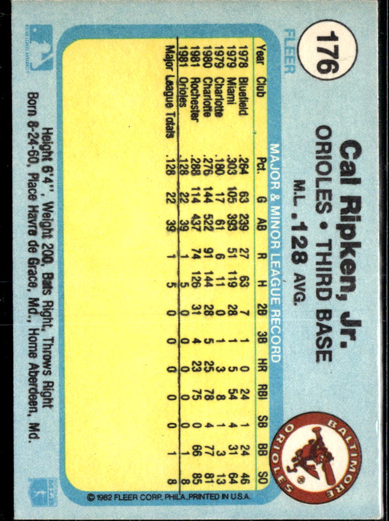 Cal Ripken, Jr. 1982 Fleer Rookie RC #176 Baltimore Orioles
