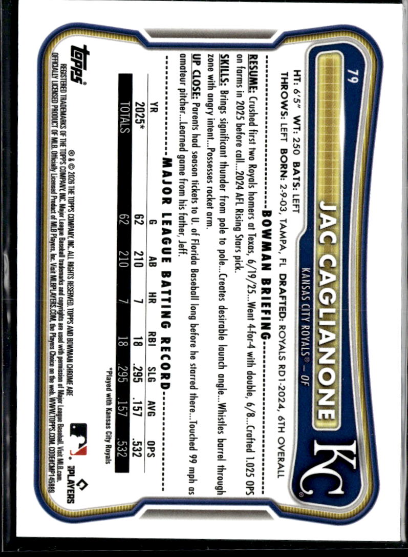 Jac Caglianone 2026 Bowman Chrome Pulsar Refractor RC 184/399 Kansas City Royals