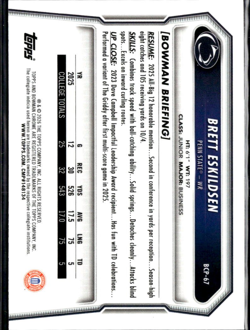 Brett Eskildsen 2026 Bowman Chrome 1st Aqua Refractor /199 Penn State