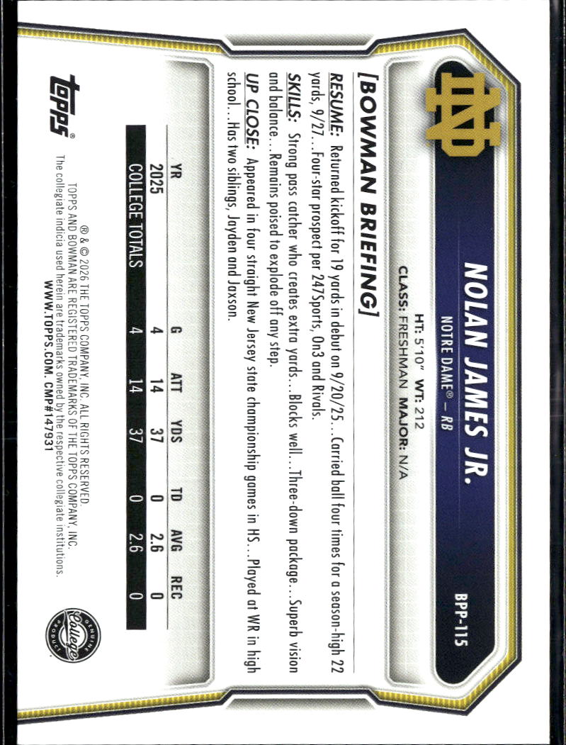 Nolan James Jr. 2026 Bowman 1st Pink Rookie RC 43/250 Notre Dame Fighting Irish