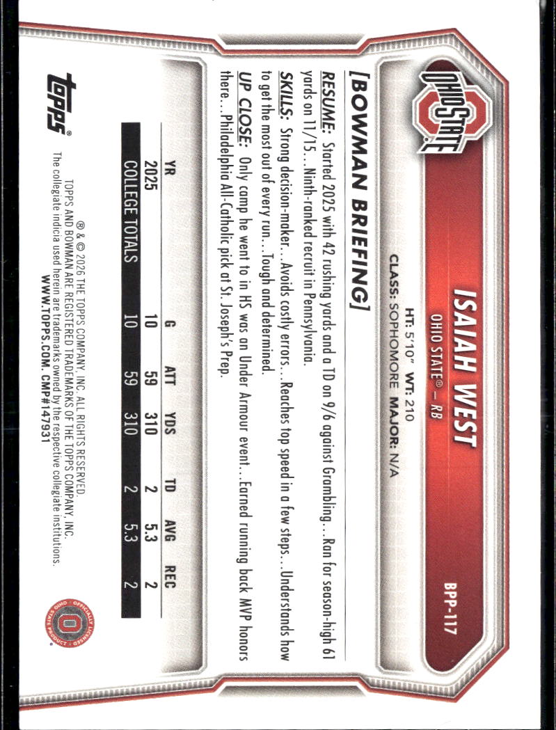 Isaiah West 2026 Bowman 1st Rookie RC Pink /250 Ohio State Buckeyes