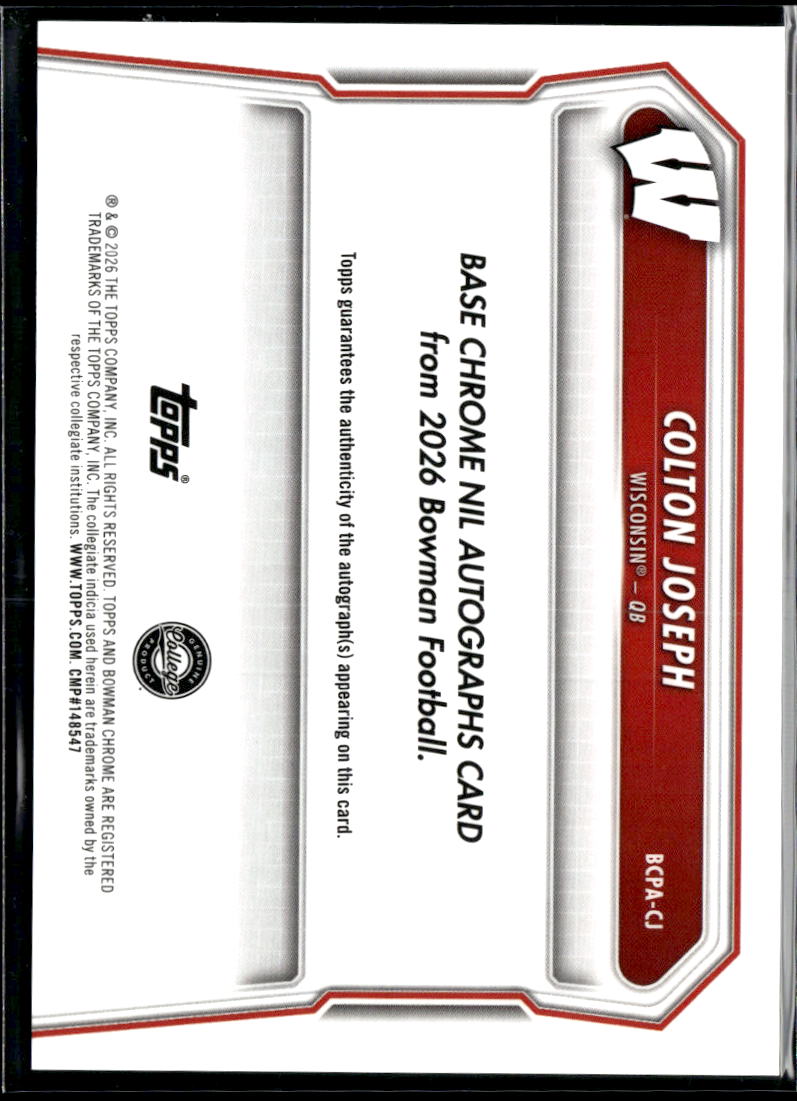 Colton Joseph 2026 Bowman Chrome 1st Auto Autograph Wisconsin Badgers