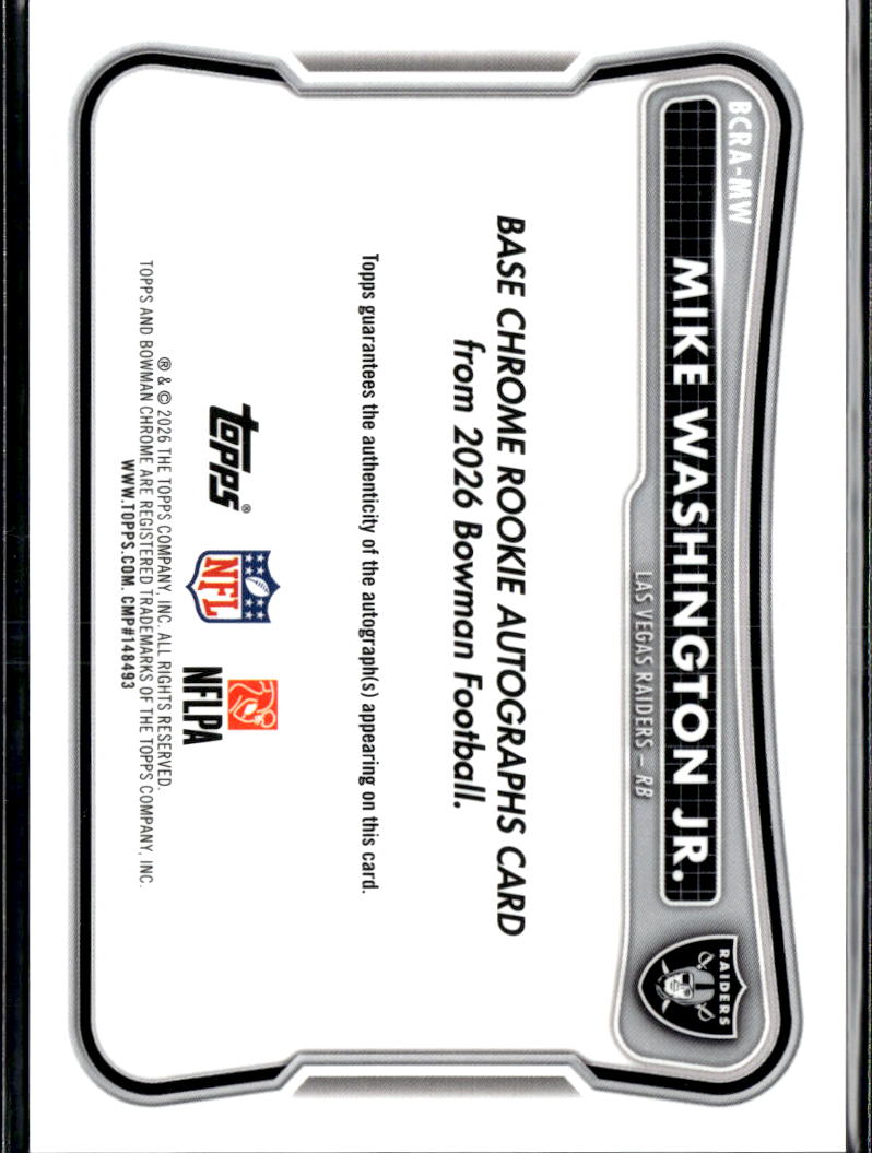 Mike Washington Jr. 2026 Bowman Chrome Auto Autograph RC Las Vegas Raiders