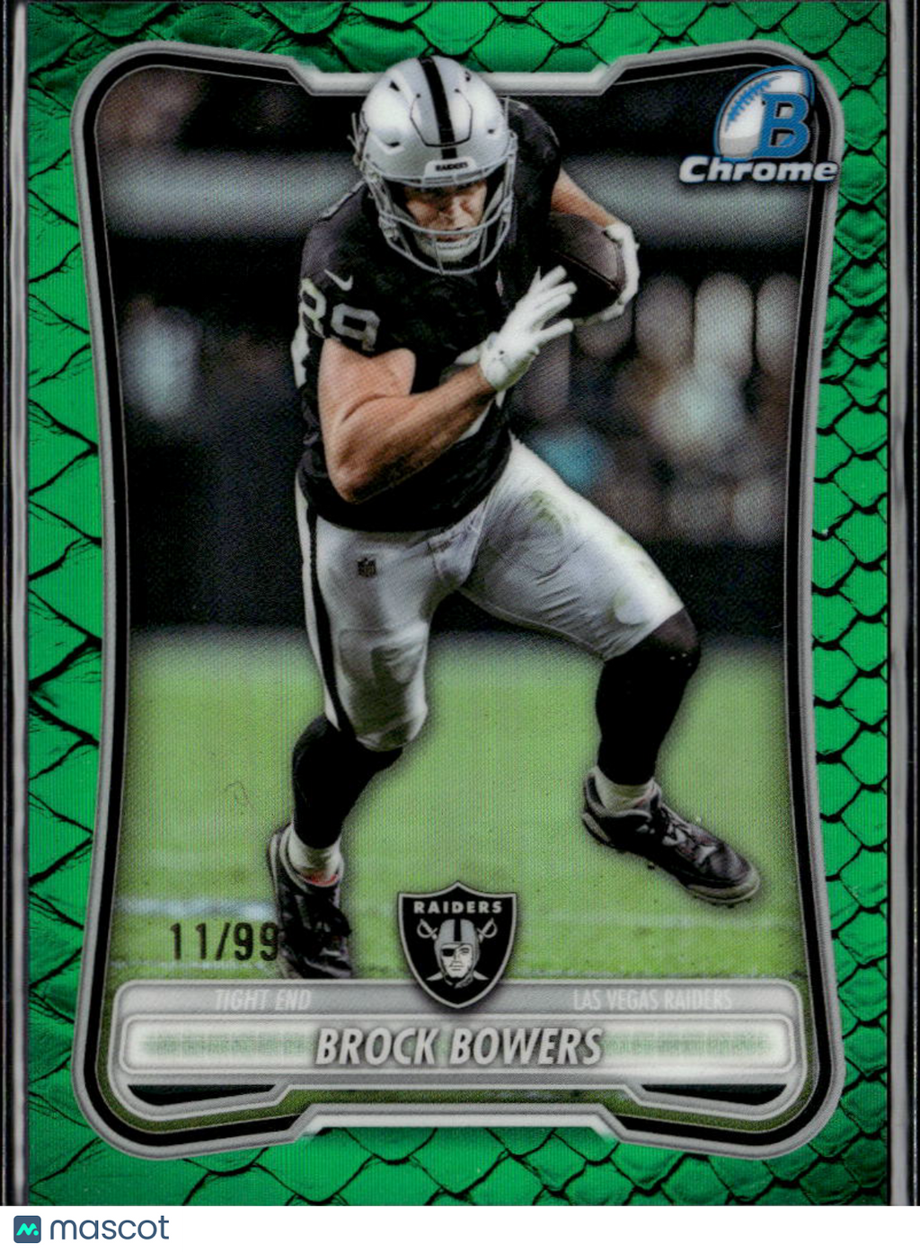 Brock Bowers 2026 Bowman Chrome Green Reptilian Refractor /99 Las Vegas Raiders