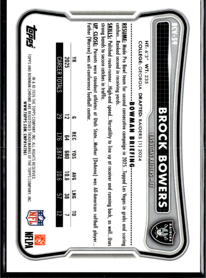 Brock Bowers 2026 Bowman Chrome Green Reptilian Refractor /99 Las Vegas Raiders