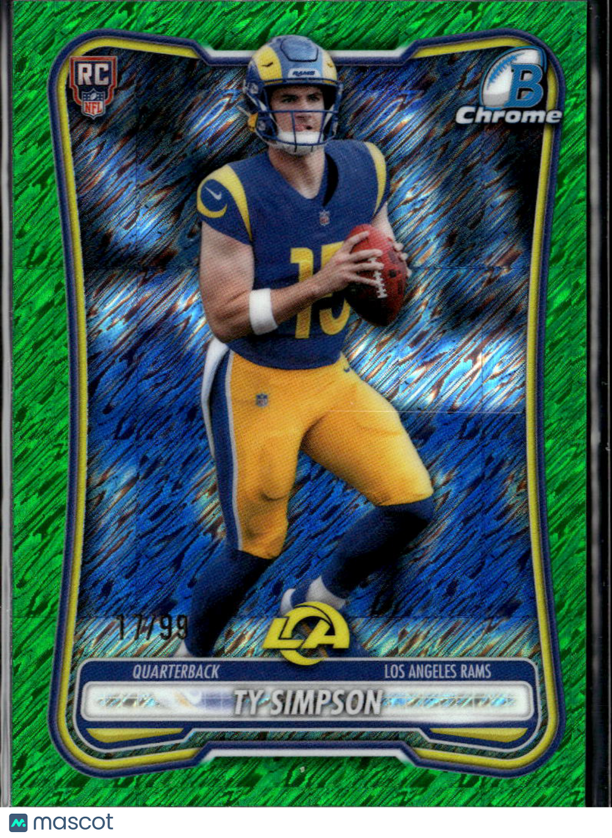 Ty Simpson 2026 Bowman Chrome Green Shimmer RC 17/99 Los Angeles Rams