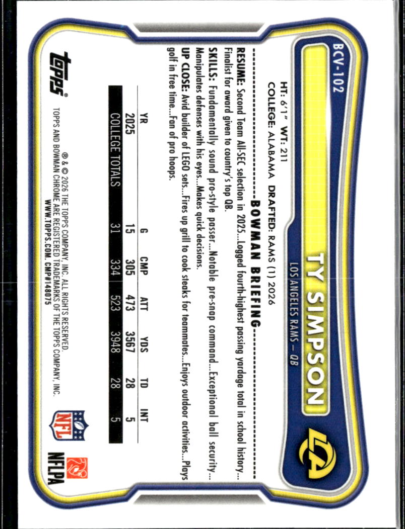 Ty Simpson 2026 Bowman Chrome Green Shimmer RC 17/99 Los Angeles Rams