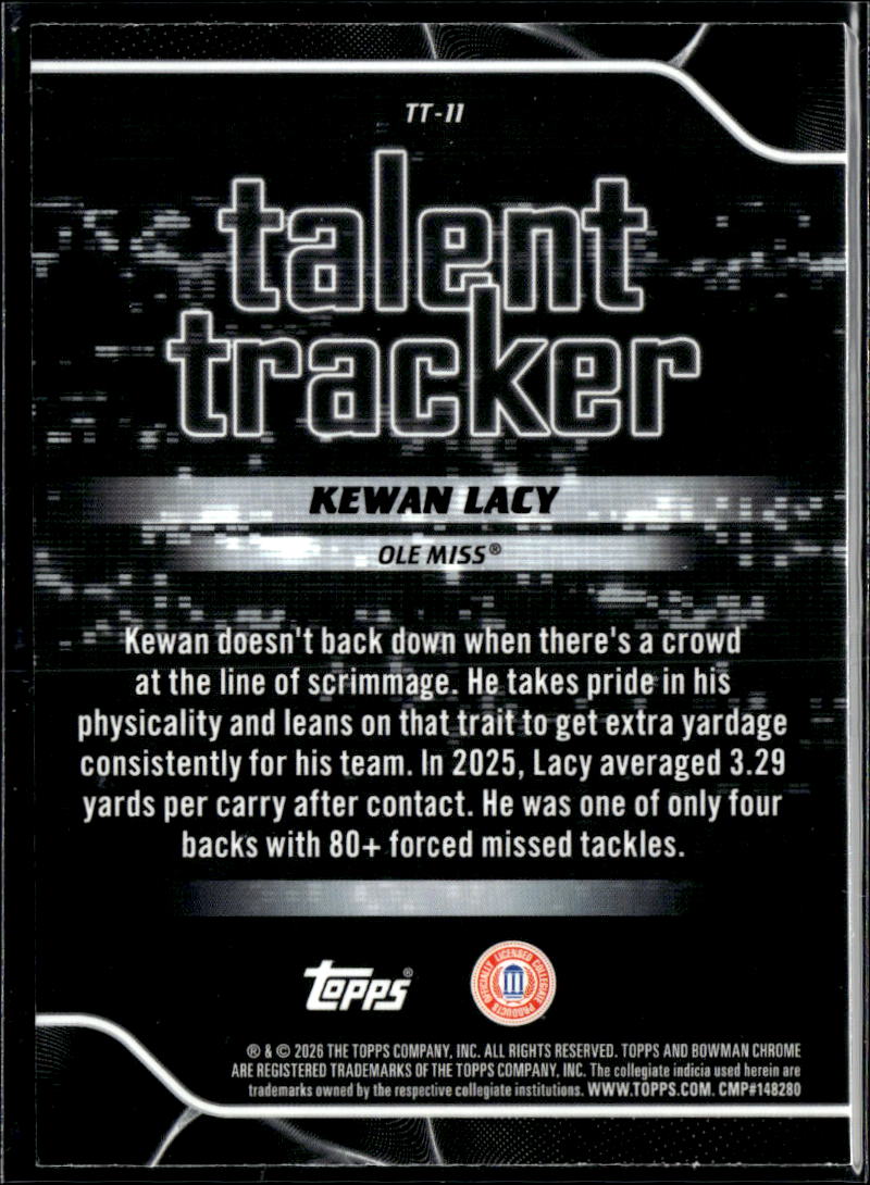 Kewan Lacy 2026 Bowman Chrome Talent Tracker Pink /250 Ole Miss Rebels