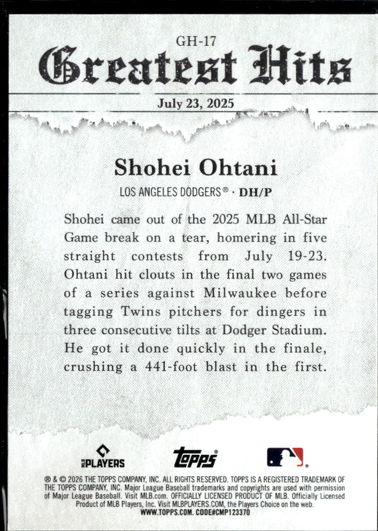 Shohei Ohtani 2026 Topps Greatest Hits Los Angeles Dodgers