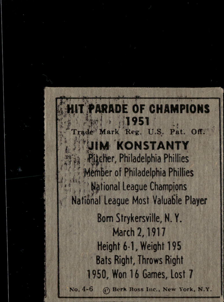 Jim Konstanty 1951 Berk Ross Hit Parade of Champions Philadelphia Phillies