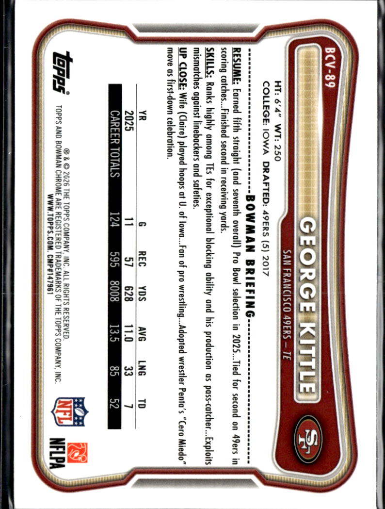 George Kittle 2025 Bowman Chrome Aqua Refractor 194/199 San Francisco 49ers