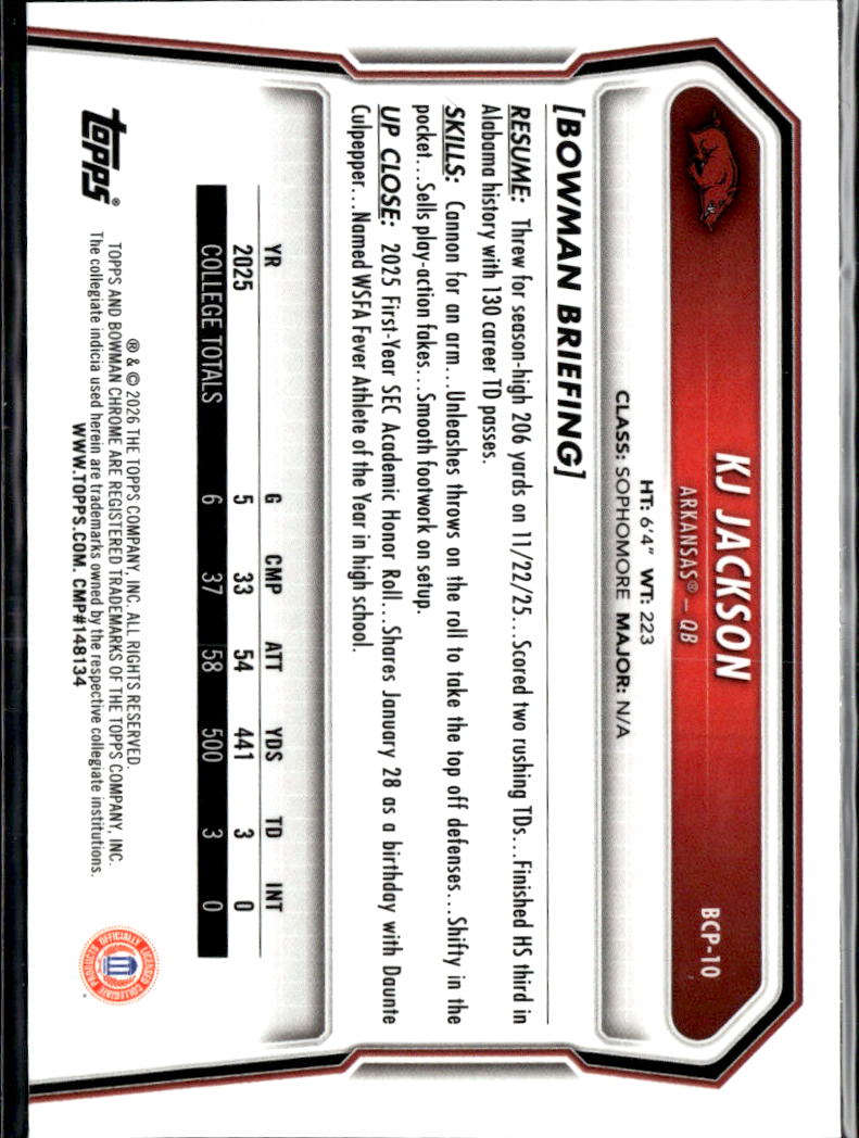 KJ Jackson 2025 Bowman Chrome 1st Yellow Refractor 101/275 Arkansas Razorbacks
