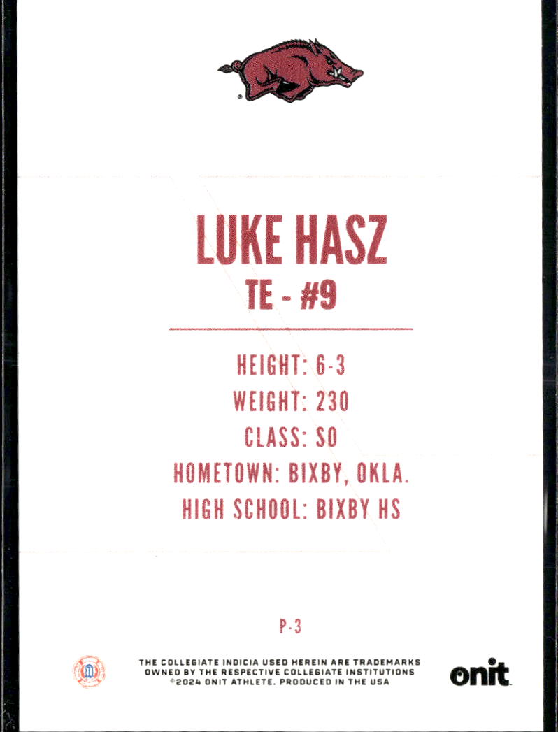 Luke Hasz 2024 ONIT Athlete Gold Rookie RC Bixby Arkansas Razorbacks