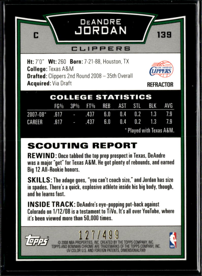 DeAndre Jordan 2008-09 Bowman Chrome Refractor Rookie RC /499 Clippers