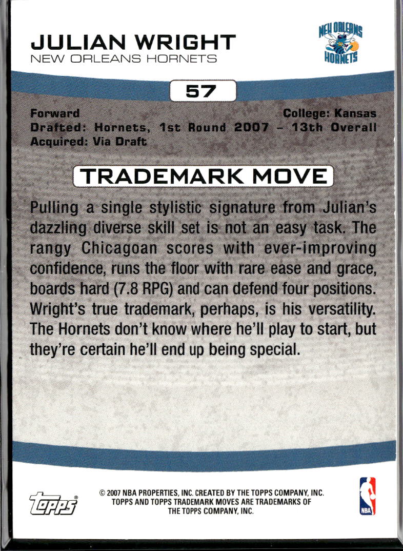 Julian Wright 2007 Topps Trademark Moves Wood RC 31/199 New Orleans Hornets